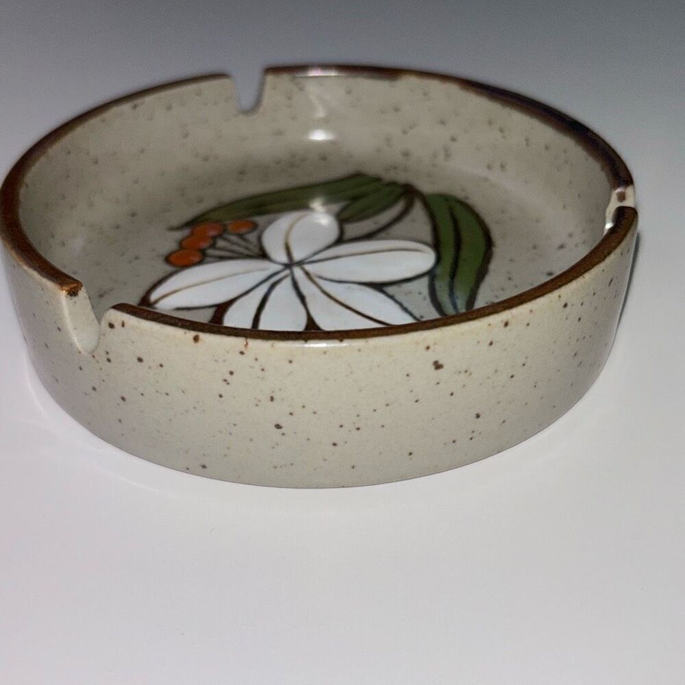 Vtg 70s MCM mid century Otagiri ceramic ashtray flower glazed speckle stoneware - Picture 4 of 6